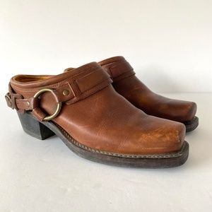 Frye Brown Leather Belted Harness Mules
